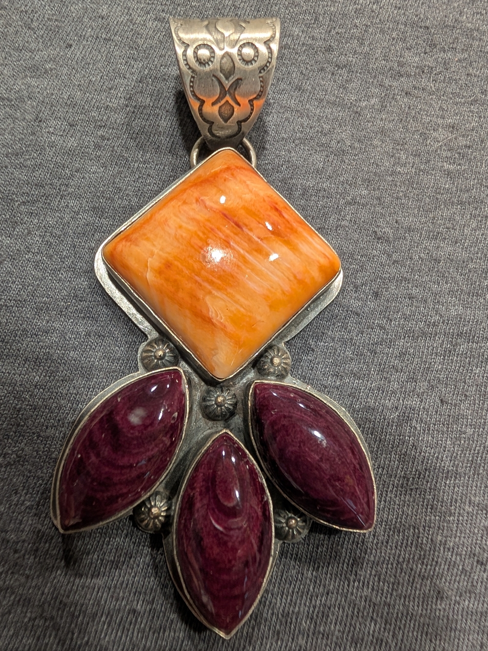 Sterling Silver Pendant with Orange and Deep Purple Spiny